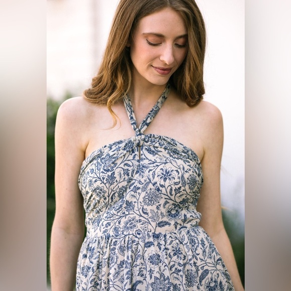 DRESS FORUM Floral Midi Tiered Halter Style/Strapless  Dress in Blue and Cream - Picture 3 of 13